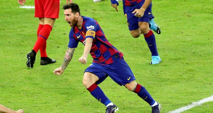 Messi celebrando el segundo gol del Barça que fue anulado / EFE