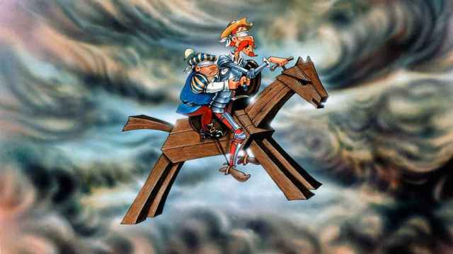 La escena de la serie de Cruz Delgado y José Romagosa en la que Don Quijote y Sancho montan al caballo de madera Clavileño. Fantasías