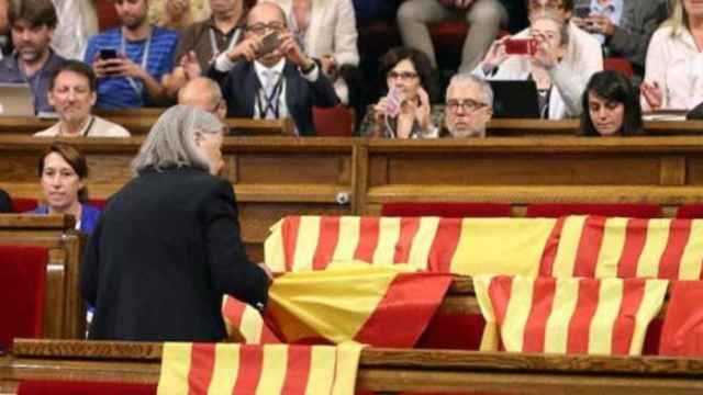 Àngels Martínez Castells, quitando banderas españolas en el Parlament