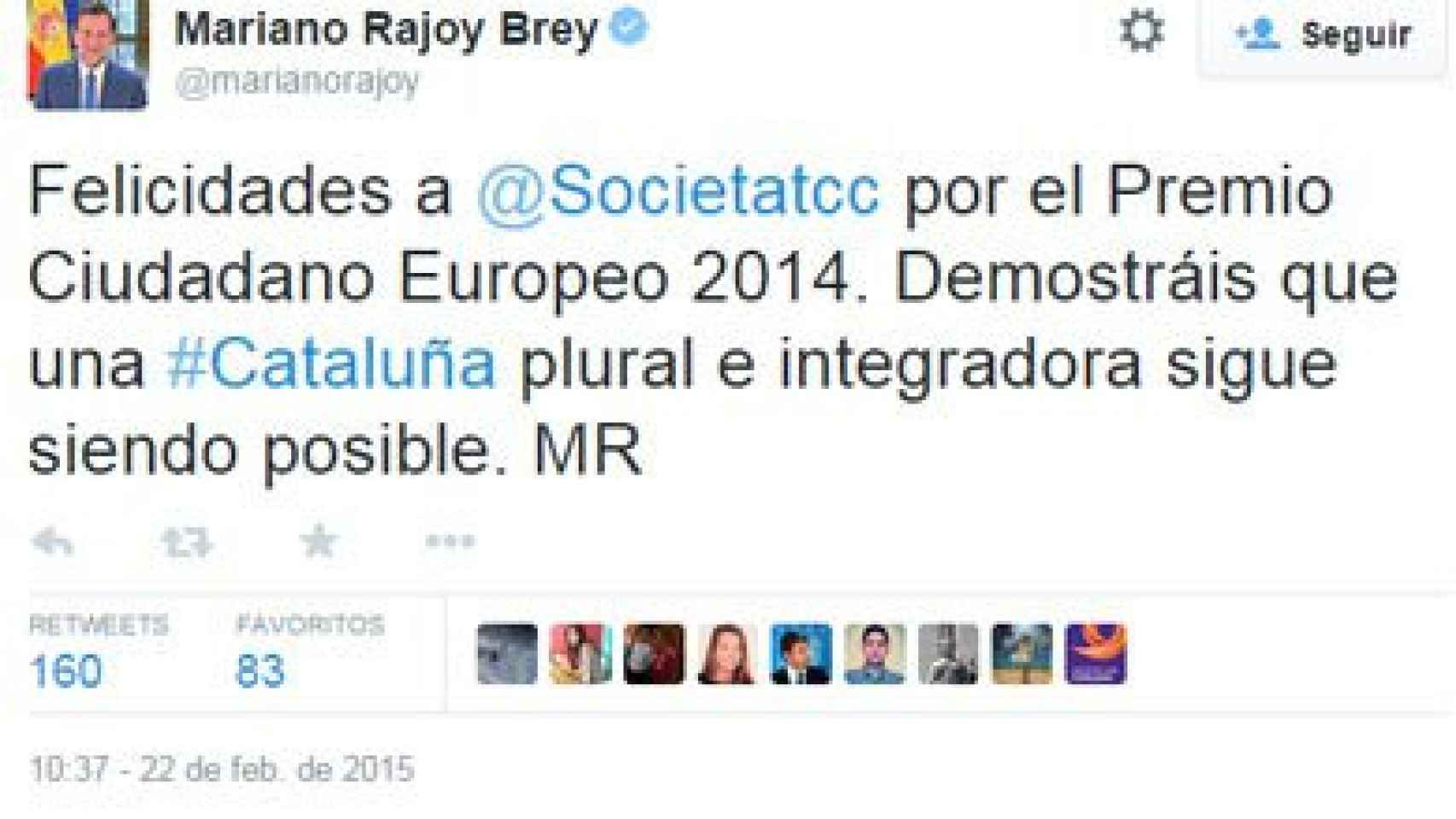 Tuit de Rajoy felicitando a SCC