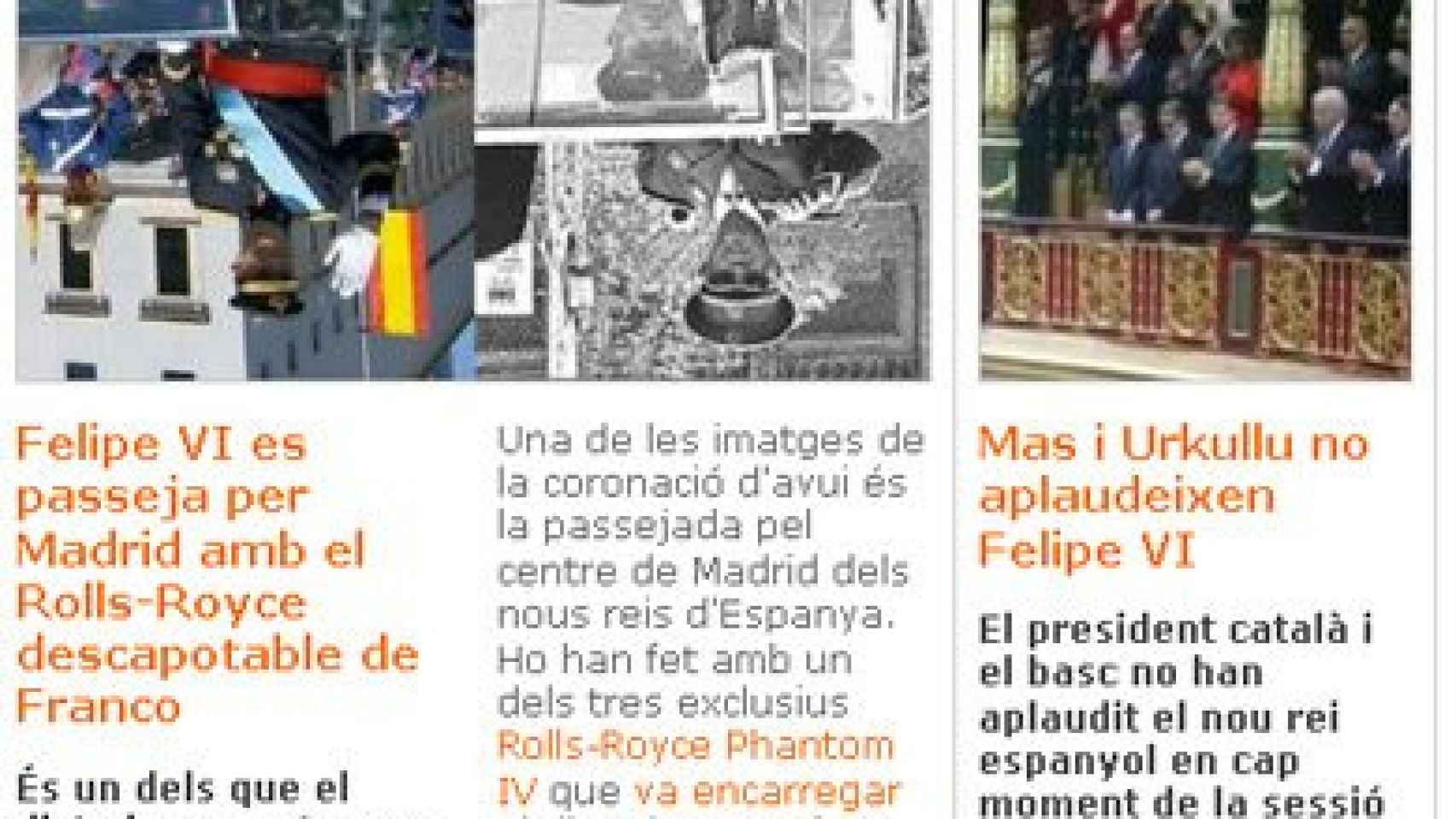 Fragmento de la portada de 'Vilaweb' con dos noticias sobre la proclamación de Felipe VI. La primera, boca abajo. La segunda, donde aparece Artur Mas, en su posición correcta.