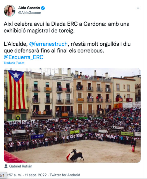 Tuit de la directora de AnimaNaturalis sobre los festejos taurinos de Cardona