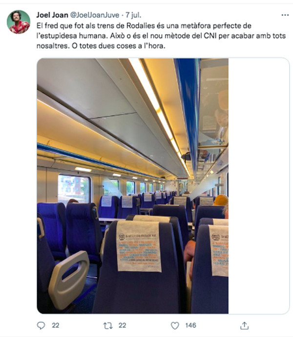 Tuit del actor Joel Joan sobre el frío que hace en los trenes de Rodalies