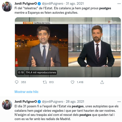 Tuits de Jordi Puigneró acusando al Gobierno español de no eliminar peajes / TWITTER