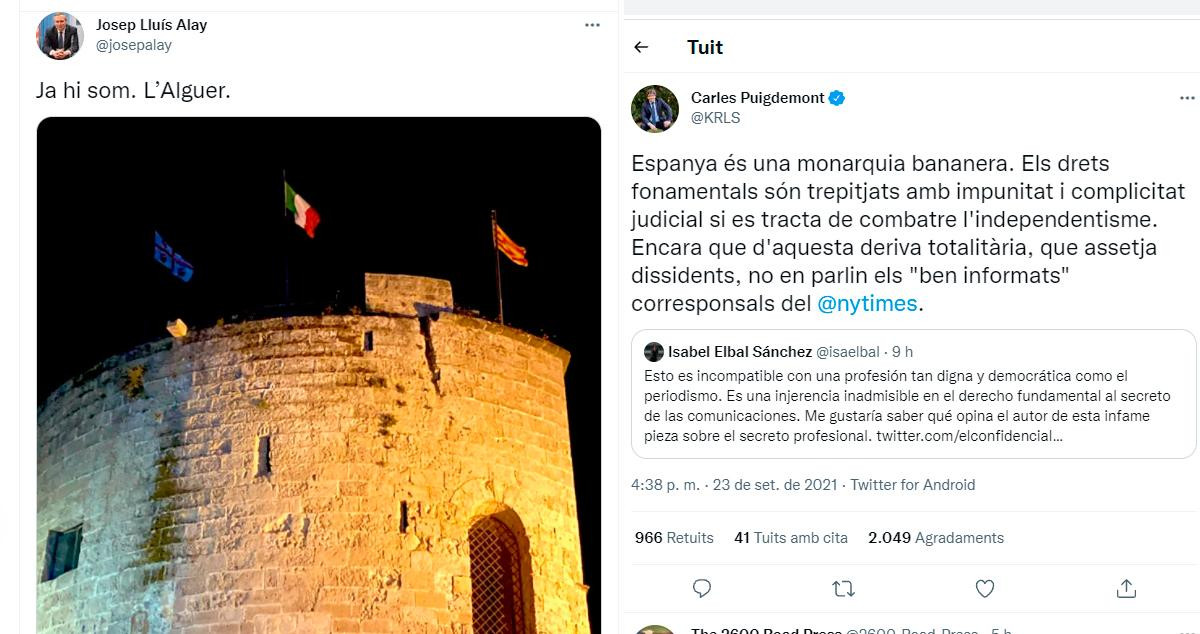 Los últimos tuits de Alay y Puigdemont antes de la retención en Cerdeña de este último