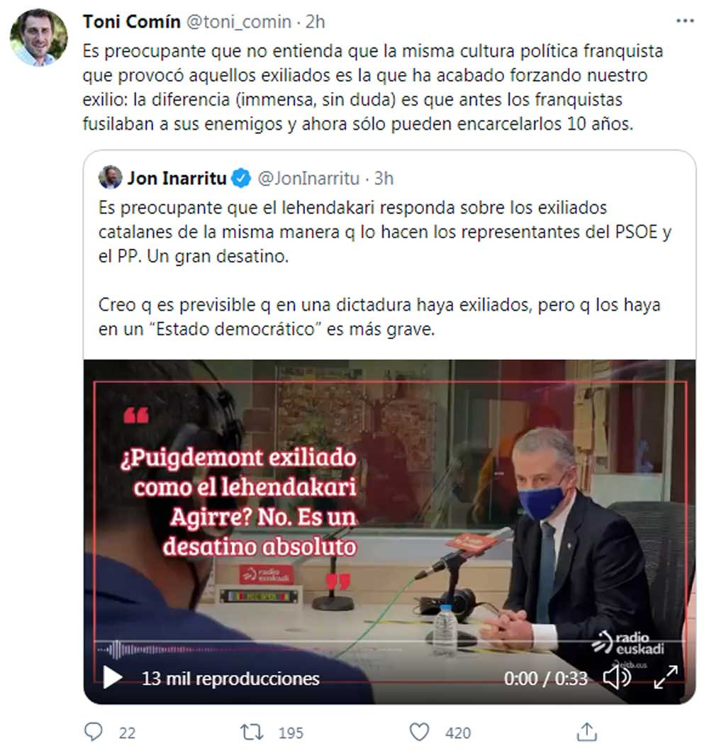 Toni Comín, criticando al lendakari vasco Iñigo Urkullu en Twitter