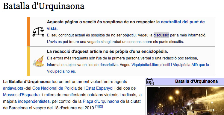 Entrada de la 'batalla de Urquinaona' en la Viquipèdia