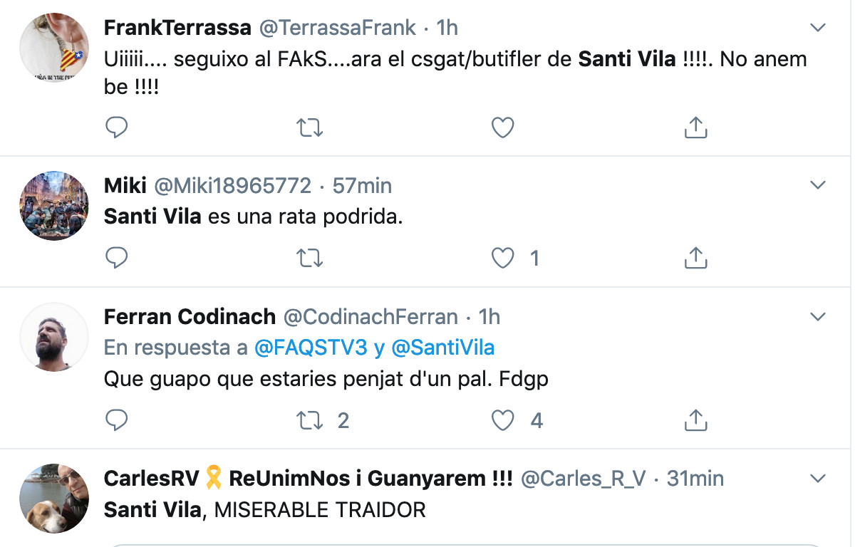 'Indepes' insultan a Santi Vila / TWITTER