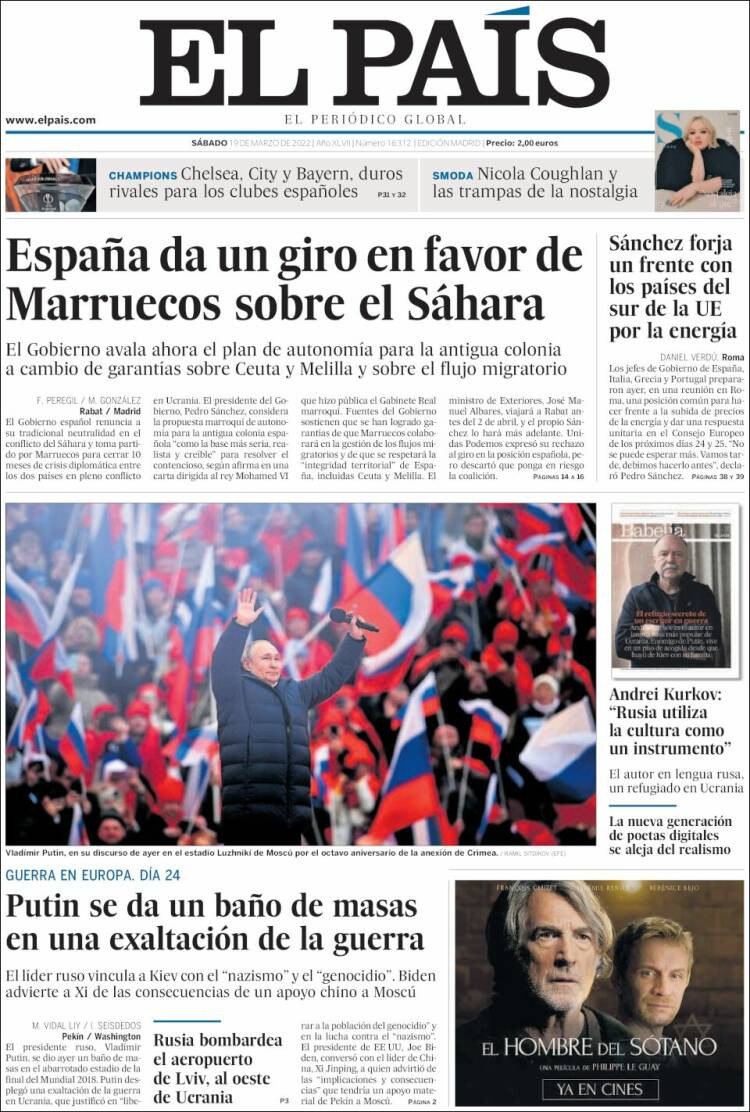 Portada de 'El País' del 19 de marzo de 2022 / KIOSKO.NET