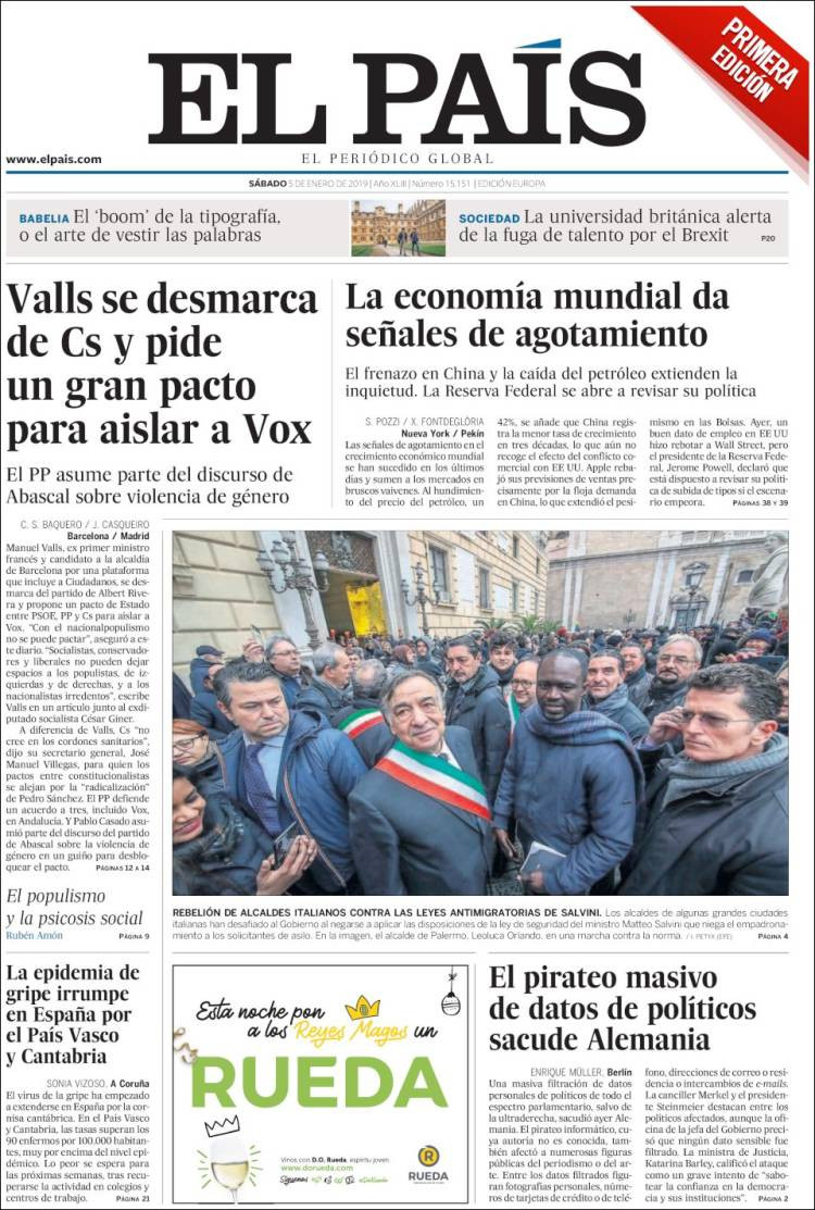 Portada del diario 'El País' del 5 de enero de 2019