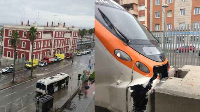 Bomberos y ambulancias en Mataró (i) tras el choque de un tren de Rodalies (d) / FOTOMONTAJE CG