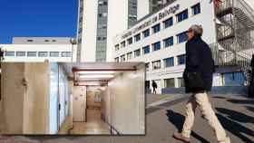 Un paciente ante el Hospital Universitario de Bellvitge (HUB) y un pasillo degradado del centro / CG