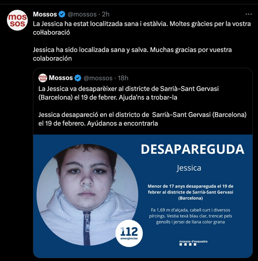Publicación de los Mossos a través de Twitter anunciando el hallazgo de Jessica / MOSSOS