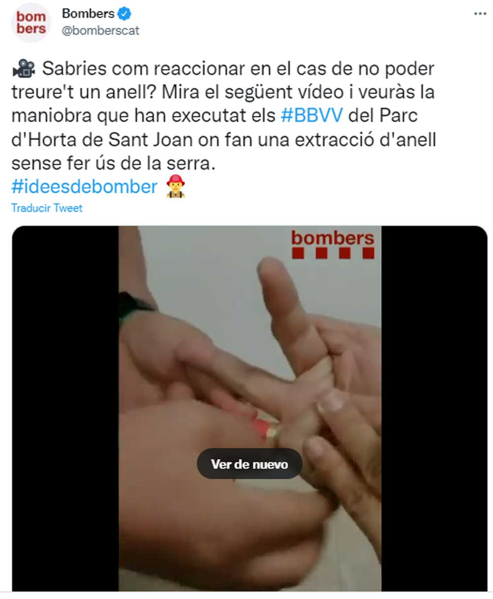 Tuit de los Bomberos de la Generalitat sobre la extracción de un anillo