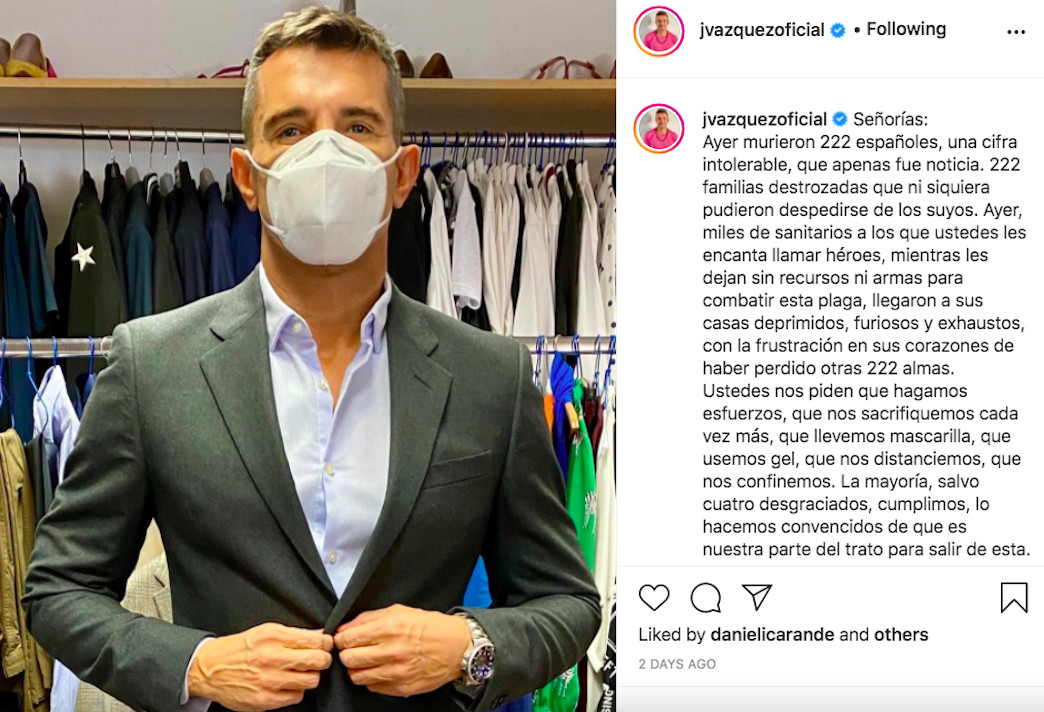 Jesús Vázquez se convierte en viral por criticar la gestión de los políticos de la crisis del coronavirus / INSTAGRAM