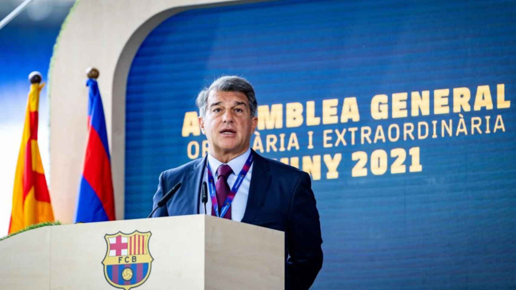 Laporta, presidente del Barça, durante la Asamblea de socios compromisarios del pasado junio / FC Barcelona
