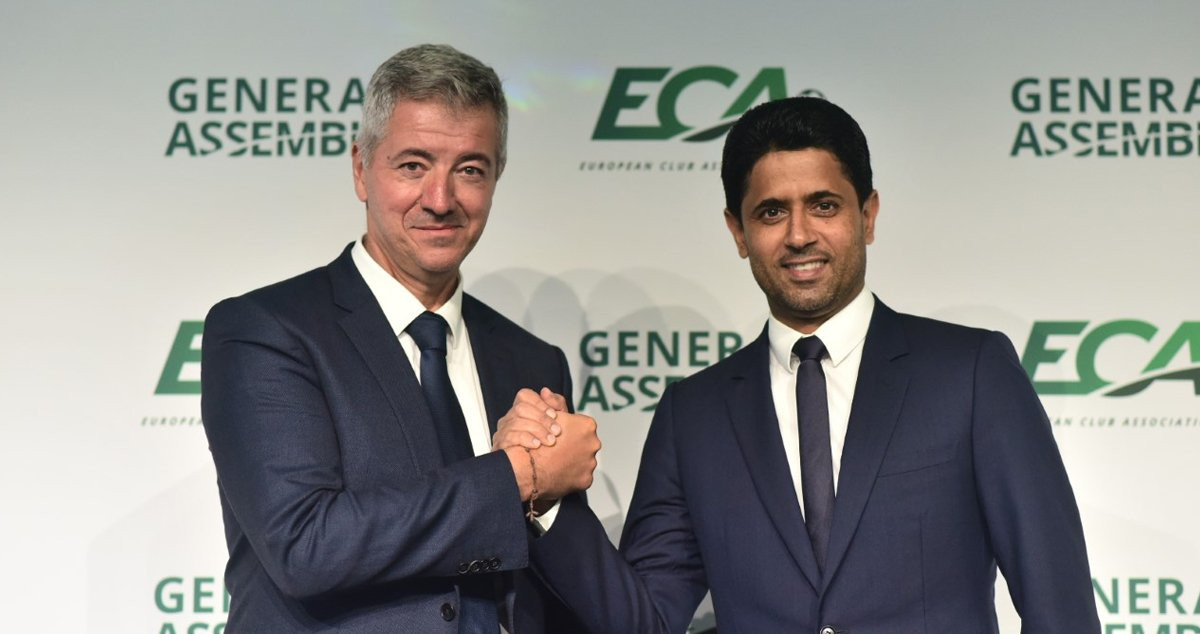 Gil Marín y Nasser Al Khelaifi, en la asamblea de la ECA / Atleti