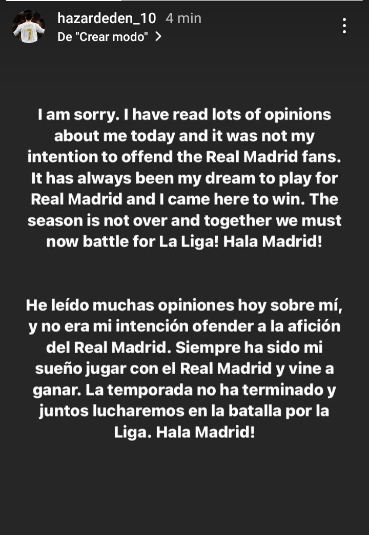 Eden Hazard se disculpa en sus redes sociales /Instagram