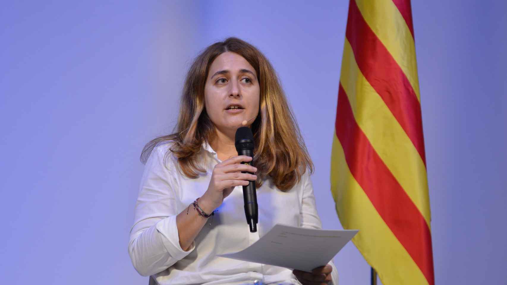 Marta Pascal, en Girona, donde se ha dirigido de forma telemática a los nuevos militantes del PNC / EP