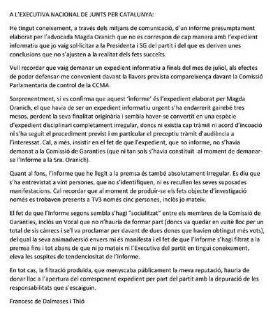 Carta de Francesc de Dalmases a Junts / RAC1