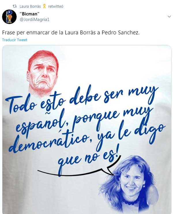 Frase hispanófoba de Laura Borràs, retuiteada en su propio perfil de Twitter