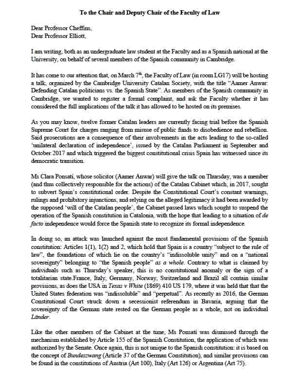 Carta de queja enviada por la comunidad española en la Universidad de Cambridge por la conferencia de Aamer Anwar