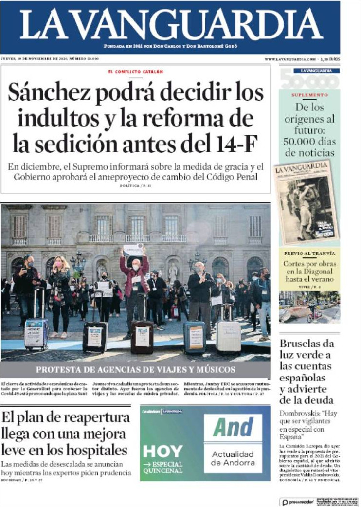 Portada de 'La Vanguardia' del 19 de noviembre de 2020 / KIOSKO.NET