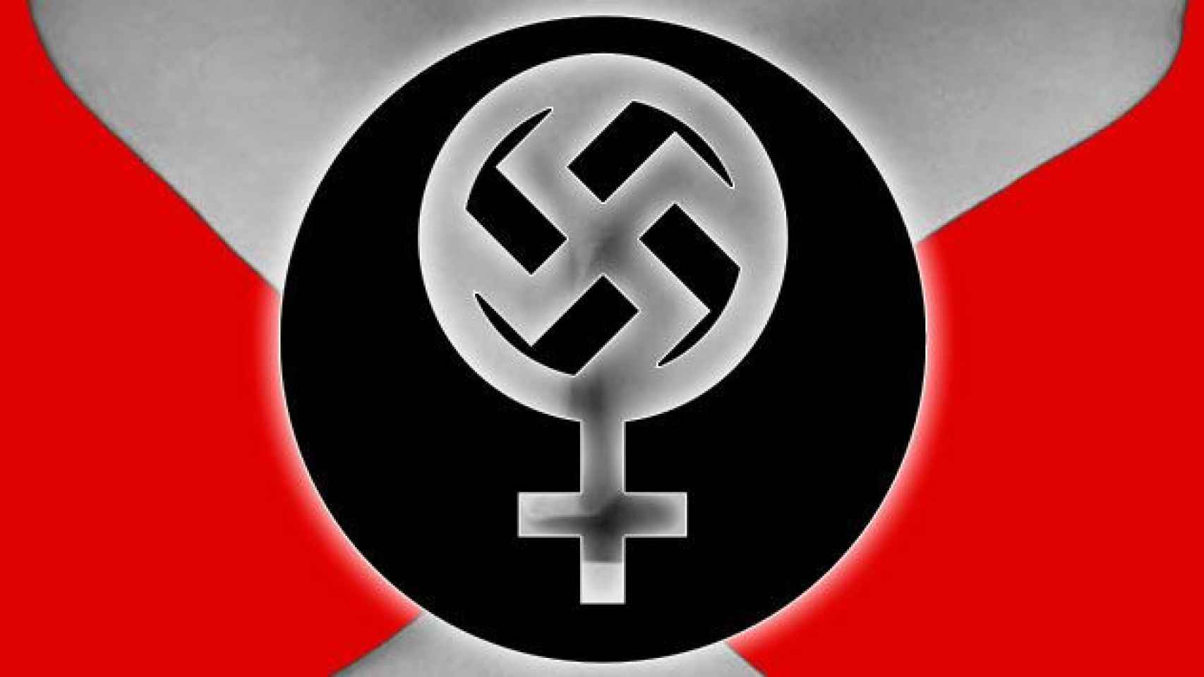 Icono nazi-feminista impreso encima de un sujetador / FOTOMONTAJE DE CG