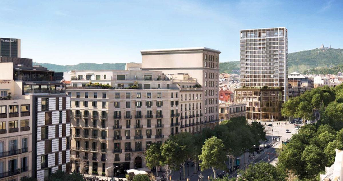 Recreación digital de edificio de residencias de Mandarin Oriental (al fondo) de Barcelona / CG