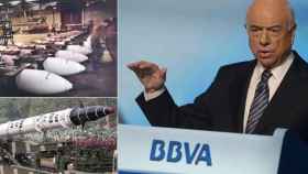 Francisco González, presidente del BBVA en una imagen de archivo, con dos imágenes representativas de la industria bélica.
