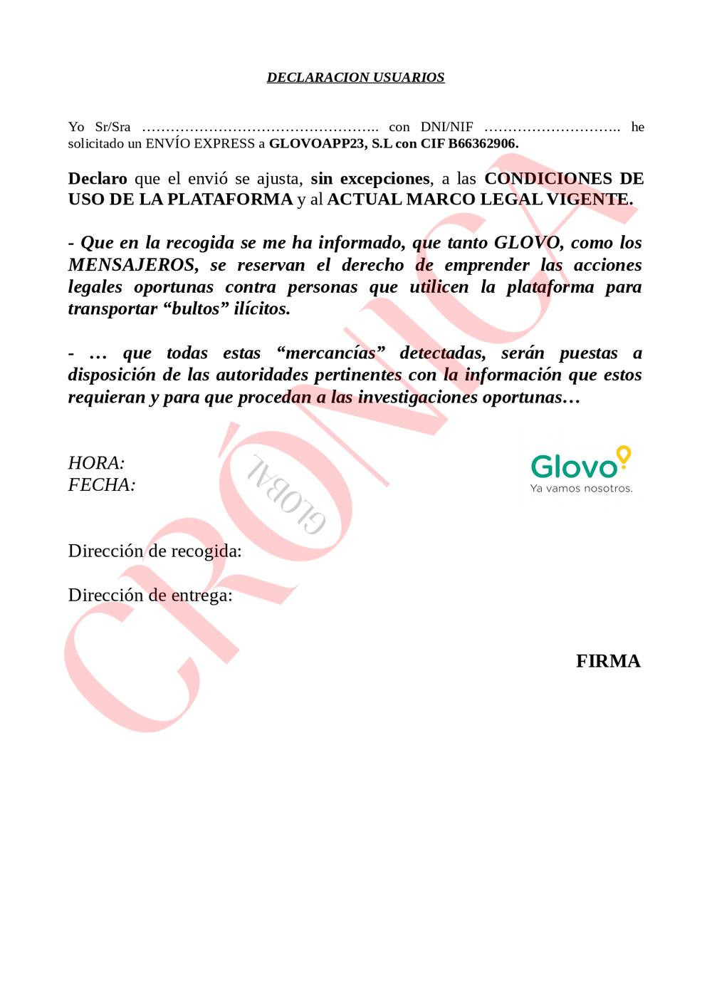 Imagen del certificado responsable de Glovo para los envíos durante el encierro / CG