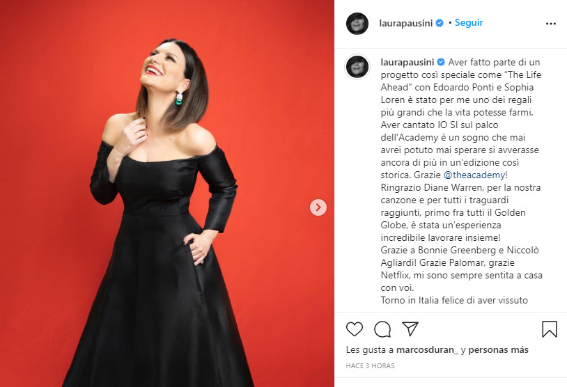 Mensaje de Laura Pausini tras los Oscar / INSTAGRAM