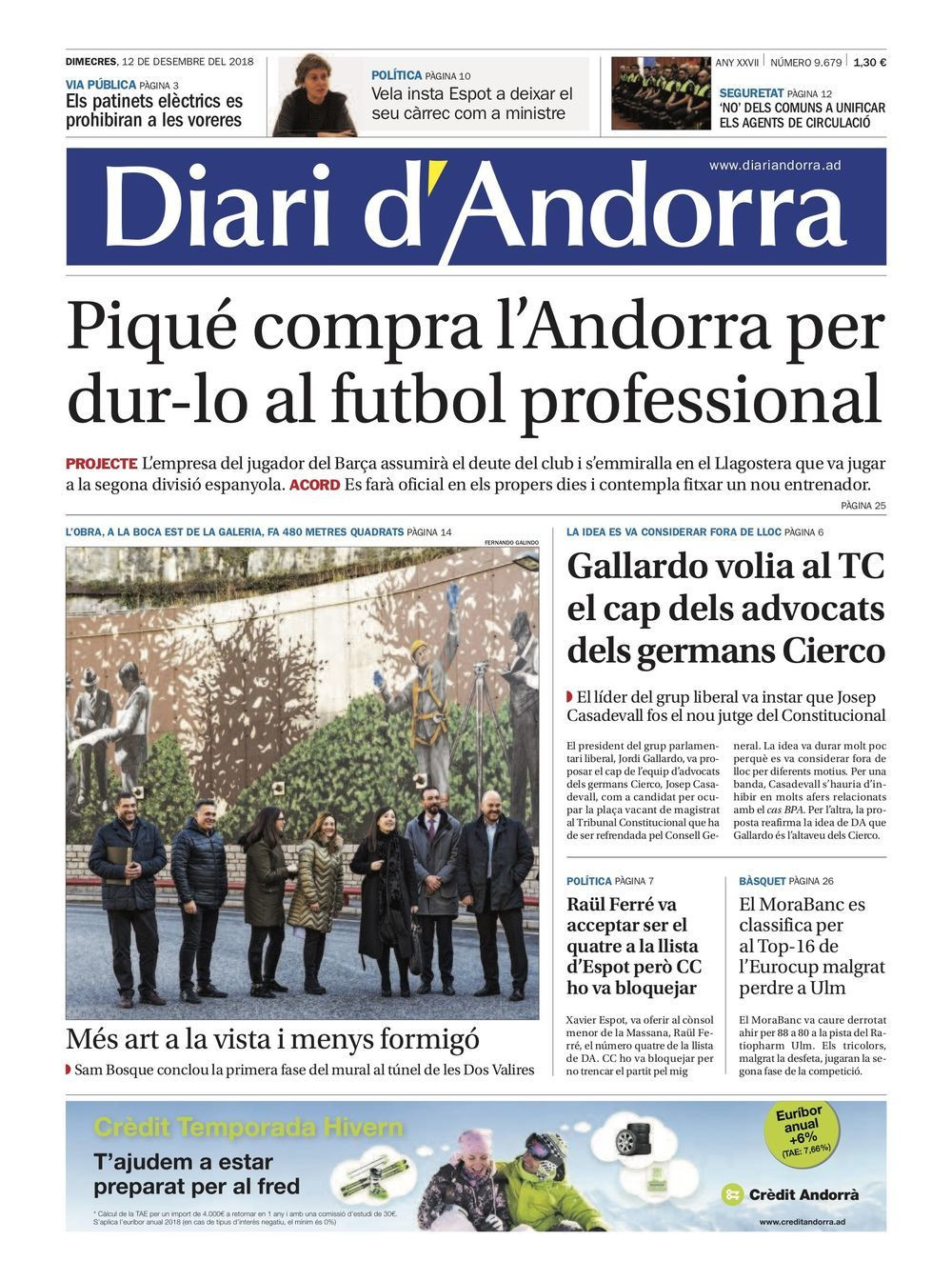 La portada del Diari d'Andorra que habla sobre la compra de Piqué