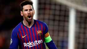 Messi celebra su segundo gol ante el Olympique de Lyon / EFE