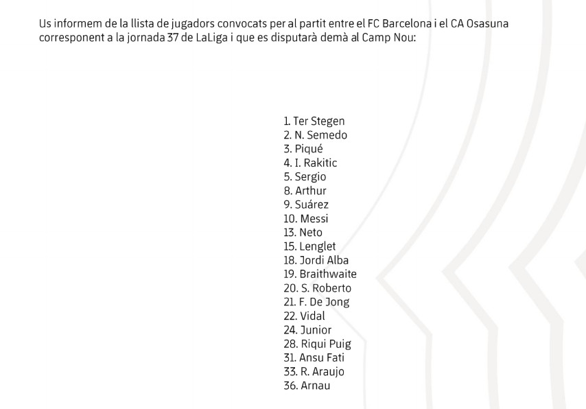 Lista de convocados del Barça contra el Osasuna / FC Barcelona