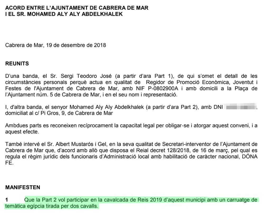 Extracto del contrato entre el Ayuntamiento de Cabrera de Mar y Mohamed Aly / CG