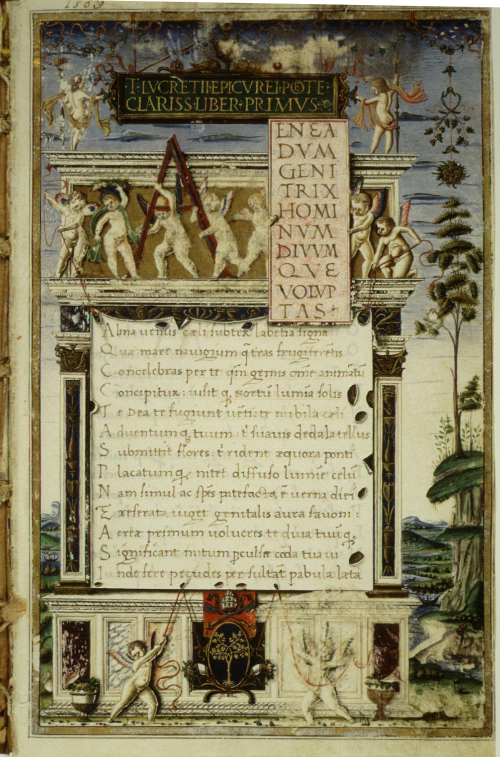 Frontispicio de una copia de 'De rerum natura' escrito por un fraile agustino para el papa Sisto IV (1483)