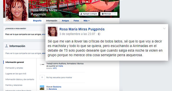 Captura del perfil de Facebook de Rosa Mª Miras junto a su tuit contra Arrimadas / CG