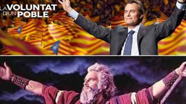 Cartel electoral de Artur Mas (arriba) e imagen del actor Charlton Heston en su papel de Moisés (abajo) / CG