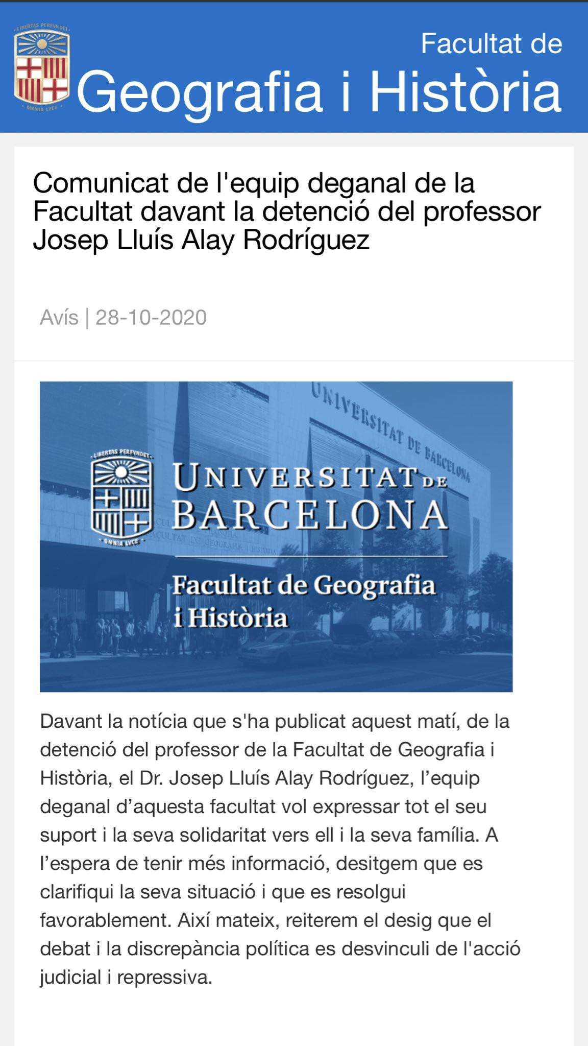 Comunicado de la UB de apoyo a Josep Lluís Alay