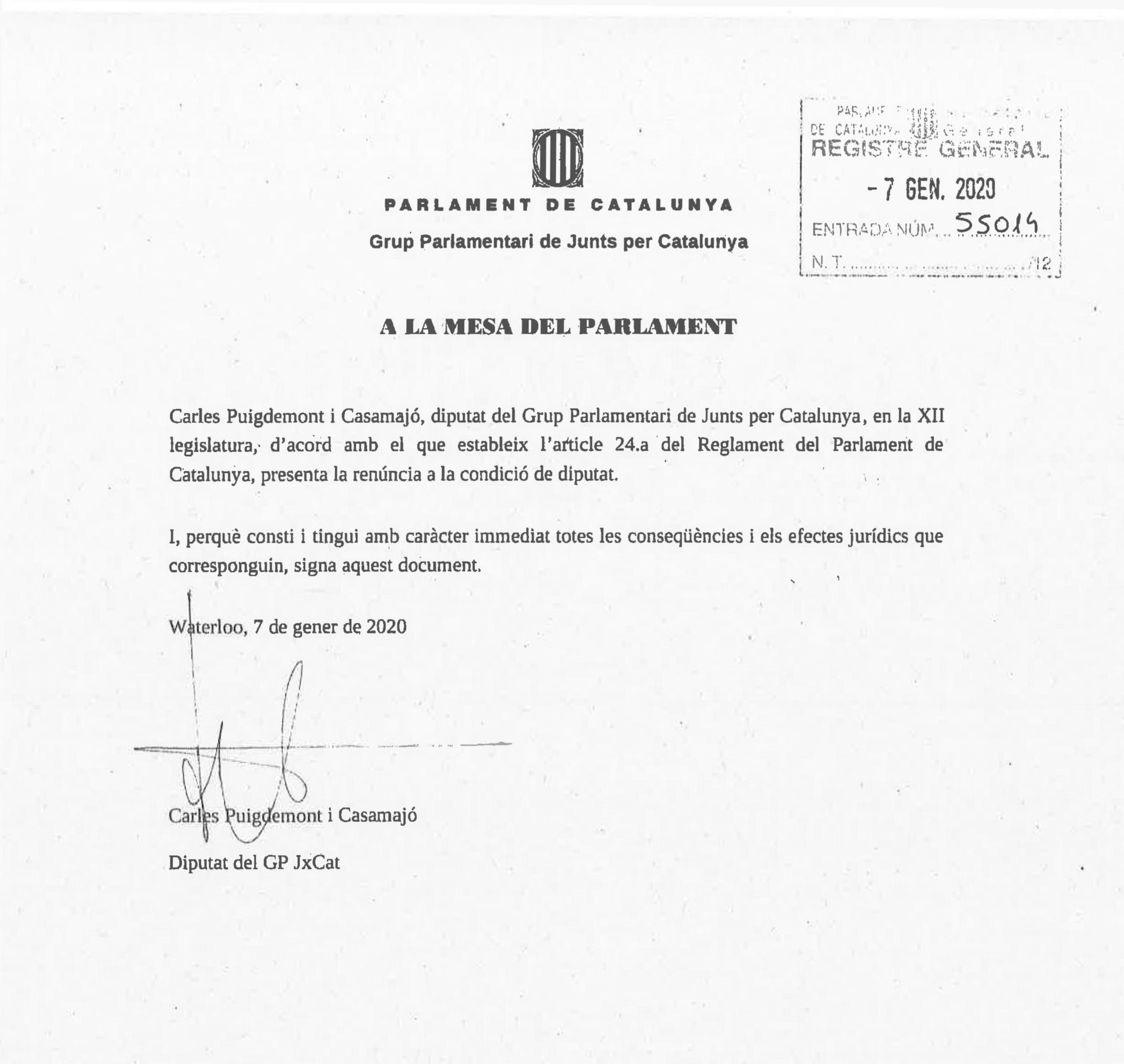 La renuncia de Puigdemont al acta de diputado del Parlament