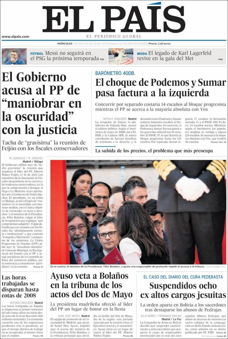 Portada de 'El País' de 3 de mayo de 2023 / KIOSKO.NET