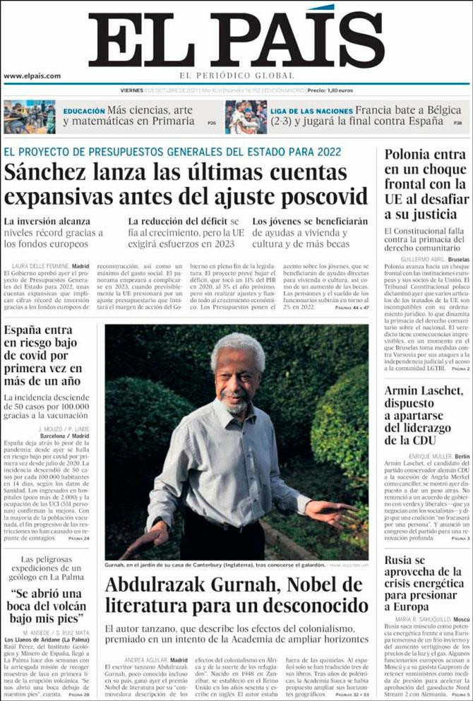 Portada de 'El País' del 8 de octubre de 2021 / CG