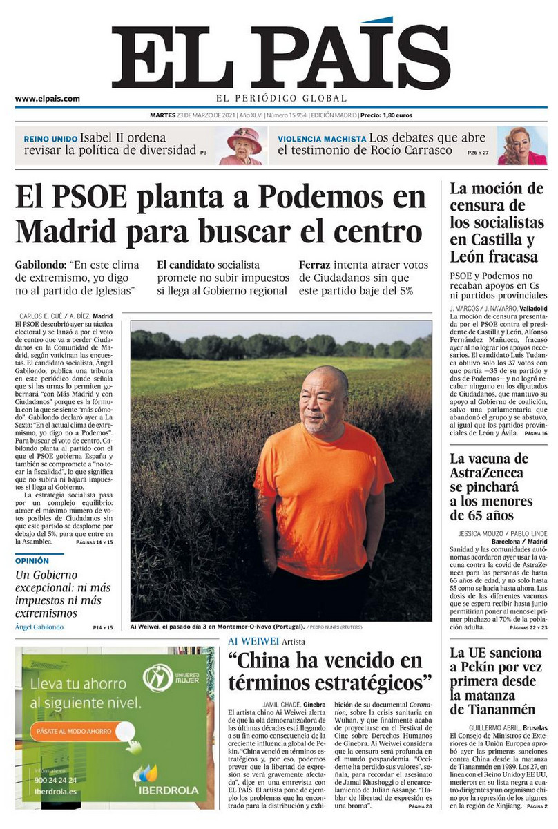 Portada de 'El País' del 23 de marzo de 2021 / EL PAÍS