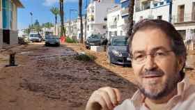 El presidente del Colegio de Geólogos, Manuel Regueiro, sobre una zona embarrada de Alcanar tras unas inundaciones / FOTOMONTAJE DE CG
