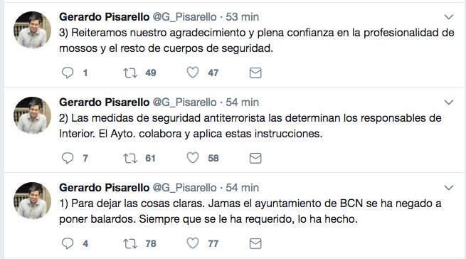 Declaraciones en Twitter del teniente alcalde de Barcelona, sobre la polémica de los bolardos / TWITTER