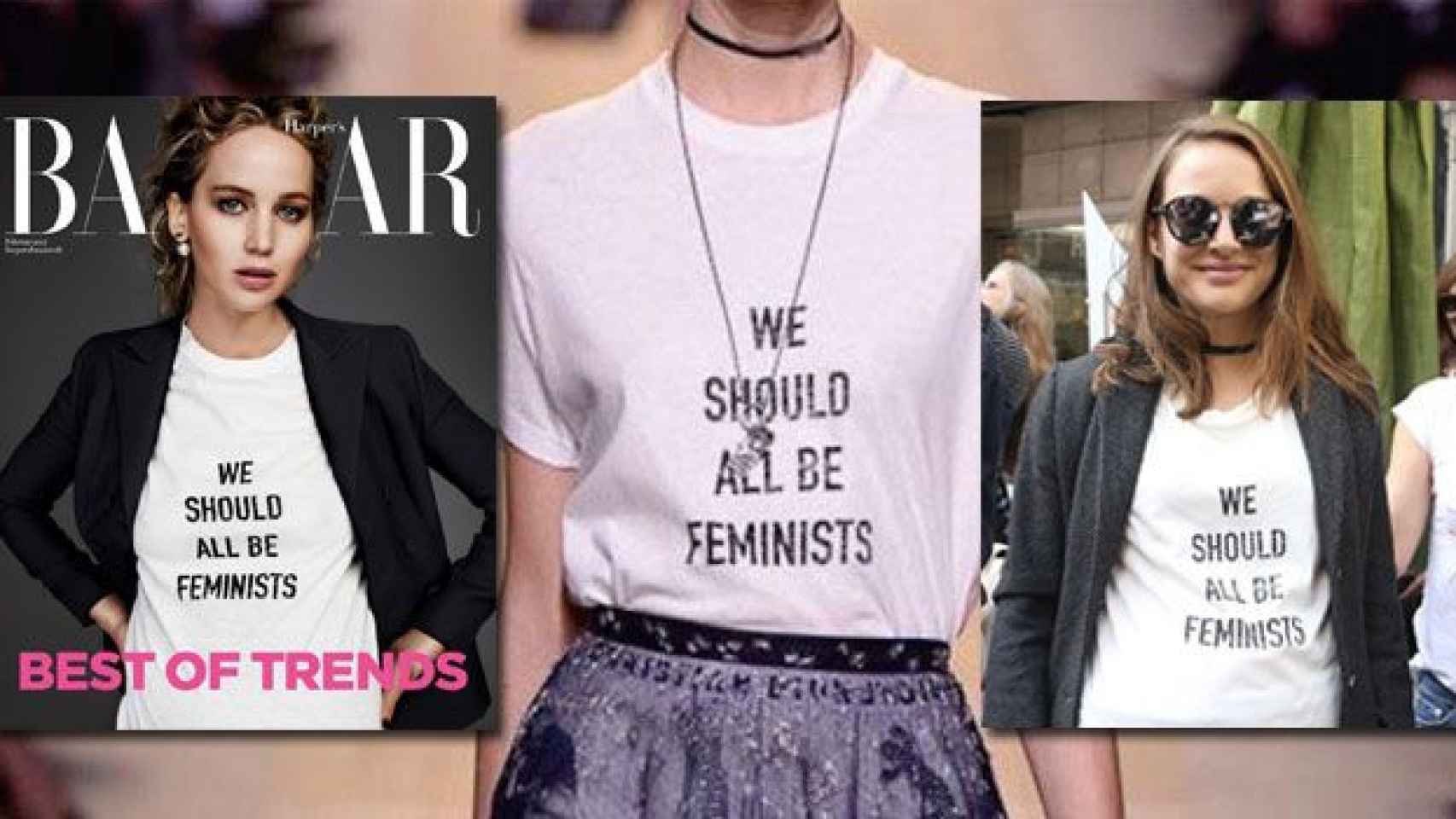 La iconica camiseta feminista de Dior y dos de las famosas que la han lucido, Jennifer Lawrence (i) y Natalie Portman (d) / FOTOMONTAJE DE CG