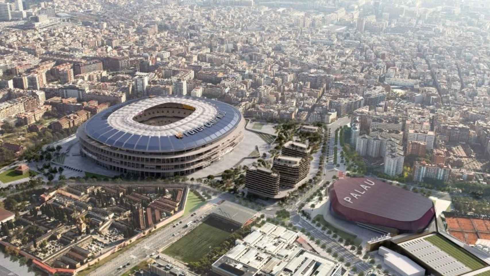 Recreación virtual del futuro Espai Barça, con el Camp Nou reformado y el nuevo Palau / FCB