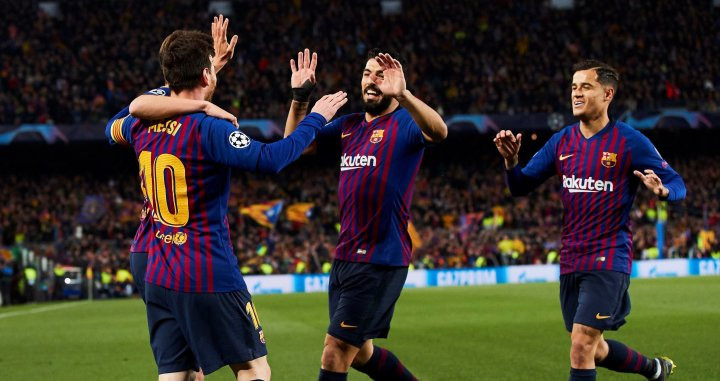Los jugadores del Barça celebran el gol de Messi ante el Manchester United / EFE