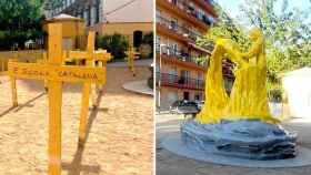Cruces amarillas clavadas ante una escuela de Arenys de Munt (Barcelona) y la 'puntaire' de la plaza Catalunya vestida del mismo color / CG